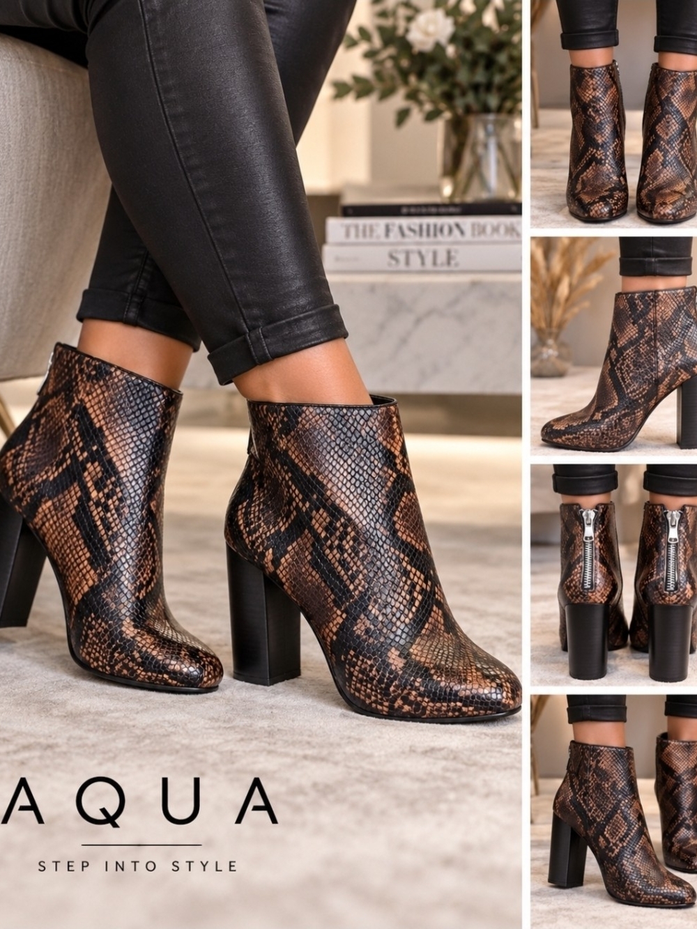 Chic AQUA snakeskin print ankle boots, size 8.